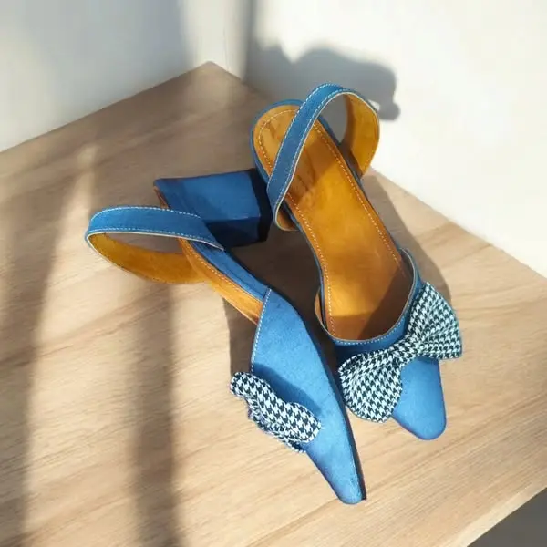 Tacones Verenice Pata de Gallo lona celeste, tacón cuadrado 5 cms. / VEREPGFC-03 