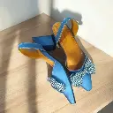 Tacones Verenice Pata de Gallo lona celeste, tacón cuadrado 5 cms. / VEREPGFC-03 