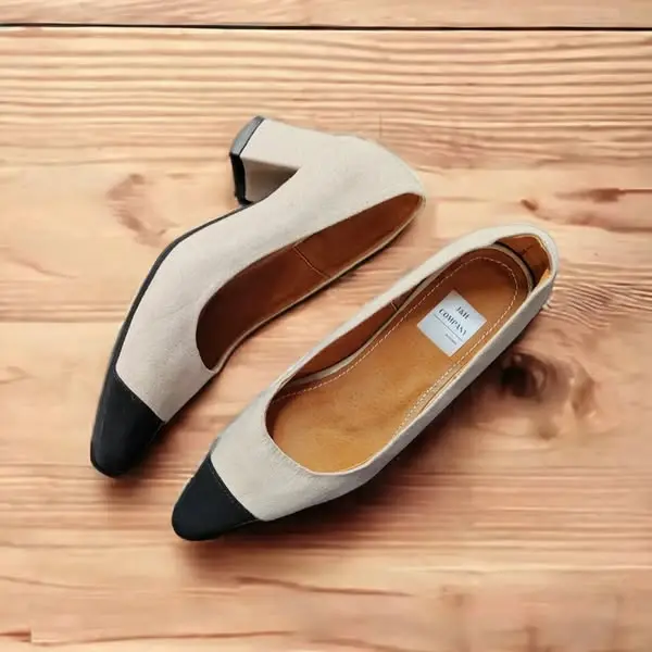 Tacones Chanel gamuza beige y punta gamuza negra, tacón 5 cms / STILECHFC-03 