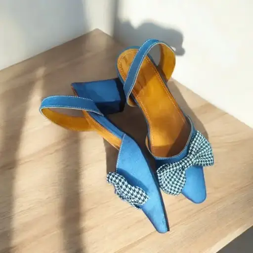 [VEREPGFC-03] Tacones Verenice Pata de Gallo lona celeste, tacón cuadrado 5 cms. / VEREPGFC-03 