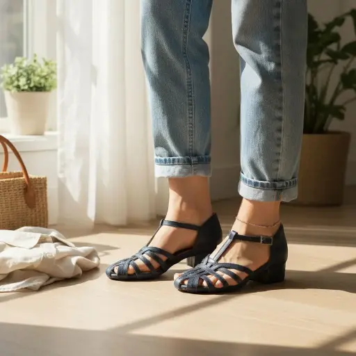 [CANGMORT-P-04] Tacones Cangrejera Mor Piel Azul, tacón 3 cms.  / CANGMORT-P-04